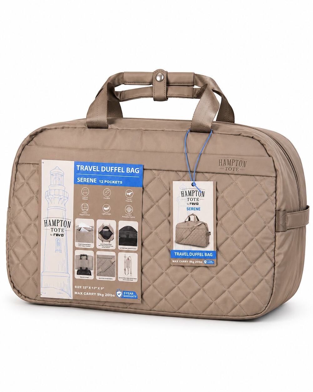 Hampton Tote Revo Serene Travel Duffel Bag Quilted Taupe 22x13x9 Pocket NWT